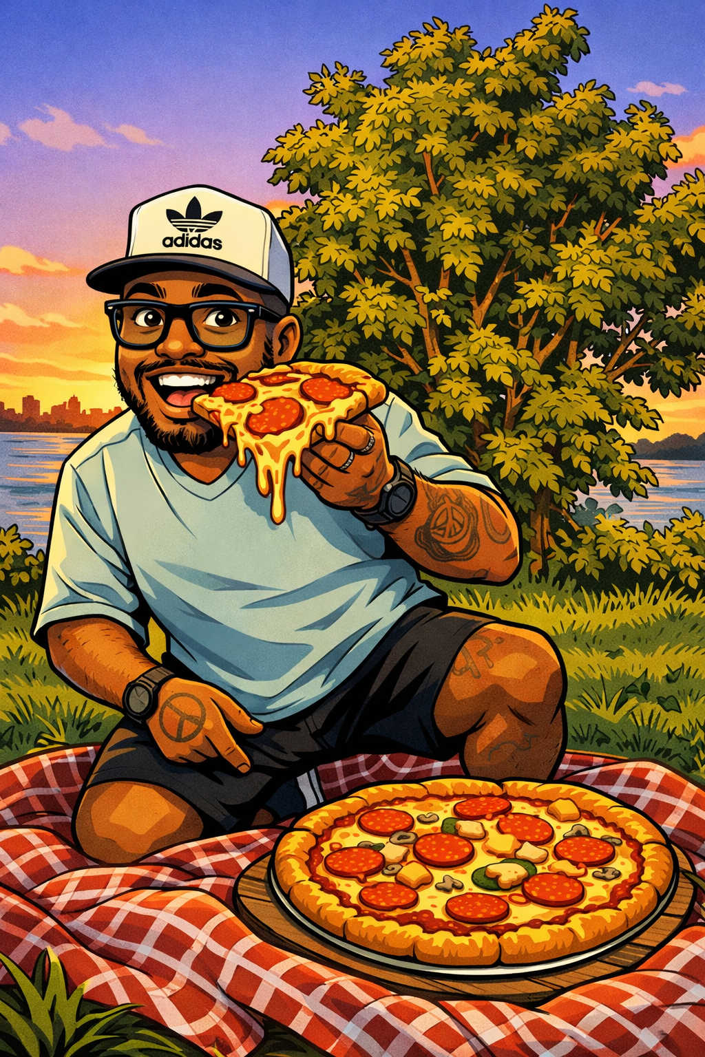 Spencer holding a pizza